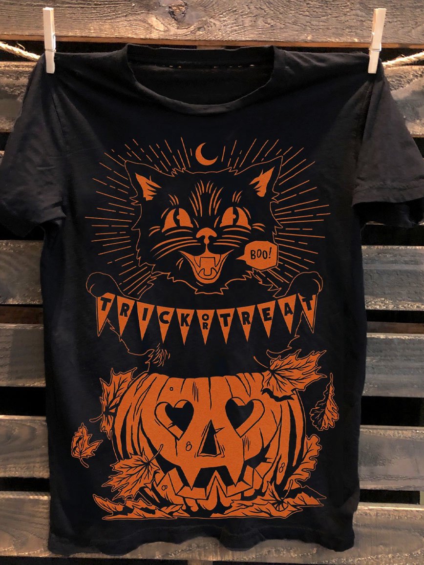 T-shirt classique unisexe Halloween avec motif chat et citrouille Beistle Boo 