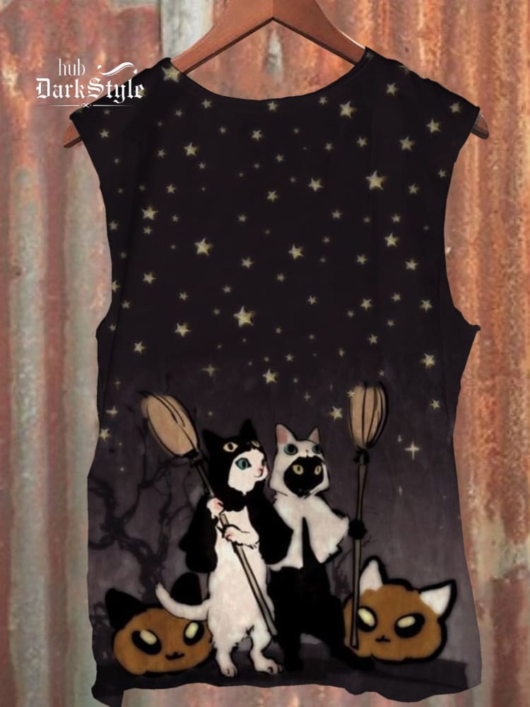 Halloween Starry Sky Kitten Vintage Print 100% Cotton Casual Tank Top