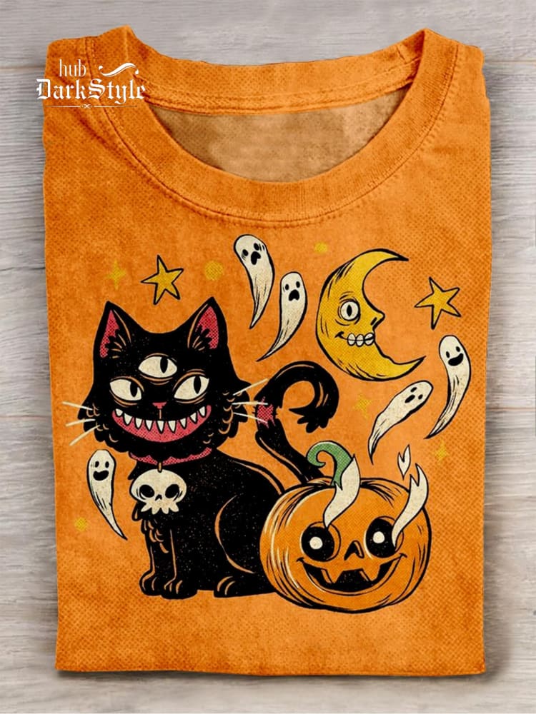 Casaul Kurzarm-T-Shirt mit Halloween-Kunstdruck 