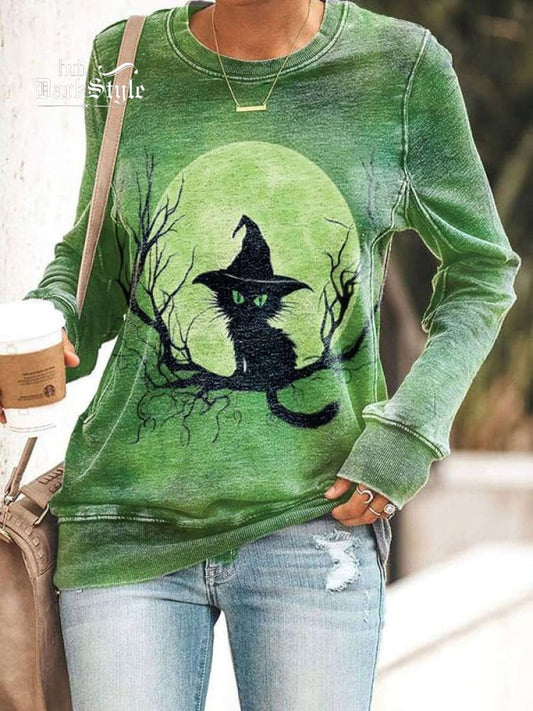 Lässiges Sweatshirt mit Halloween-Katzen-Print 