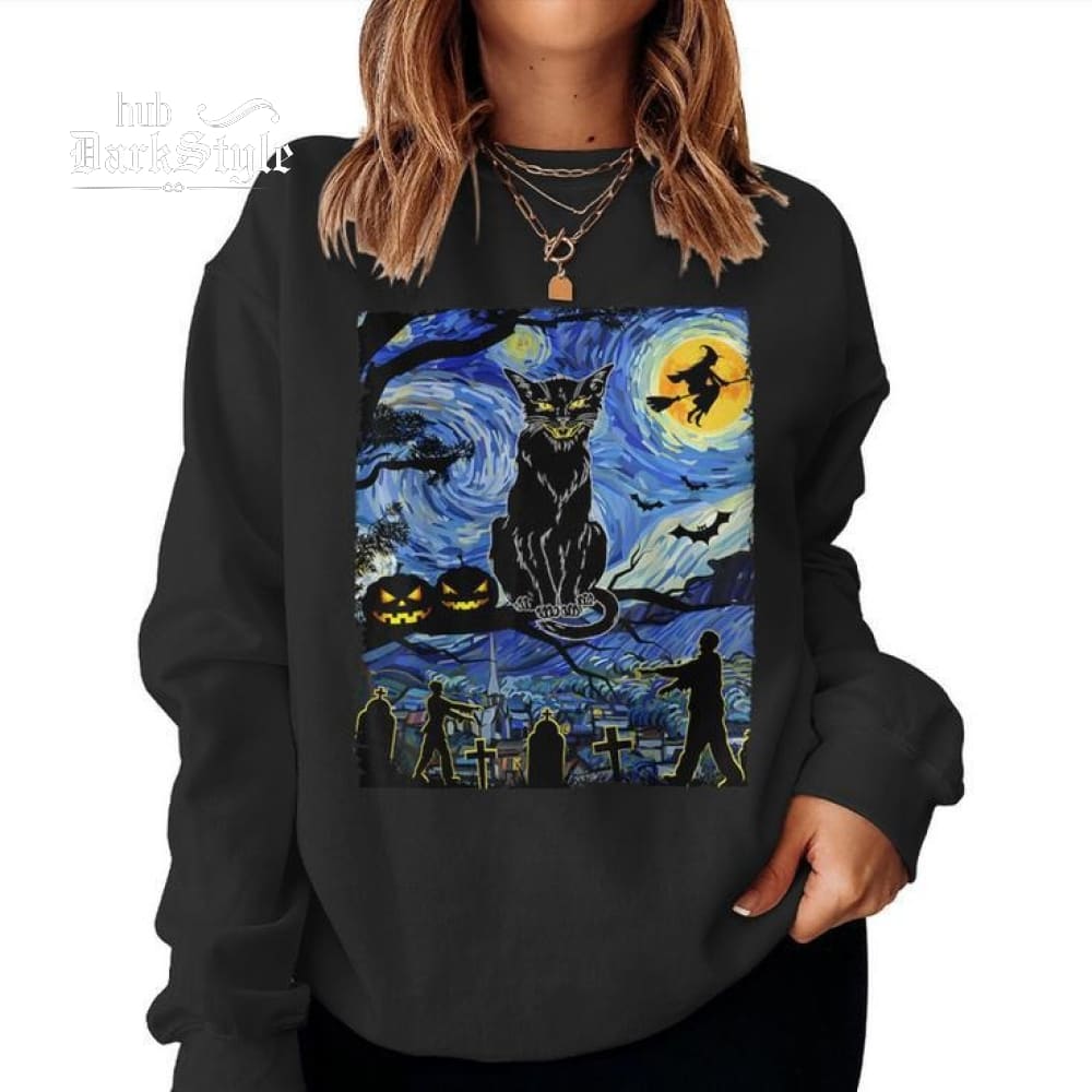 Scary Night Black Cat Halloween Unisex Casual Sweatshirt