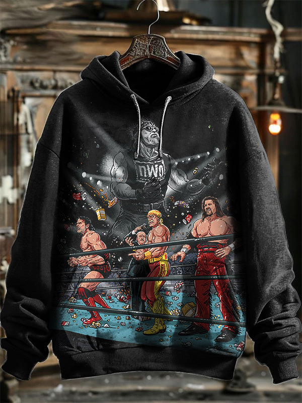 Neutral Fashion Retro Manga Wrestling Print Hooded Sweatshirt