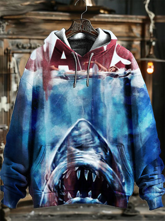 Neutral Fashion Retro Shark Poster Full Body Printed Hooded Sweatshirt