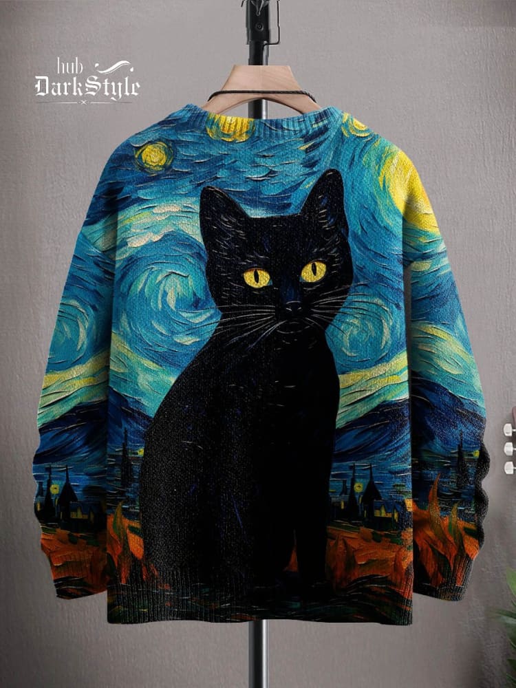 Unisex Art Schwarze Katze Halloween Print Lässiges Strick-Sweatshirt 