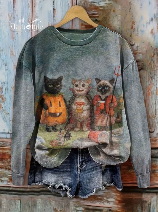 Lässiges Unisex-Sweatshirt mit süßem Halloween-Katzen-Print 