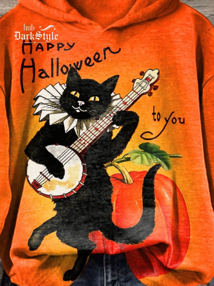 Sweat-shirt décontracté imprimé d'art drôle de chat noir d'Halloween 