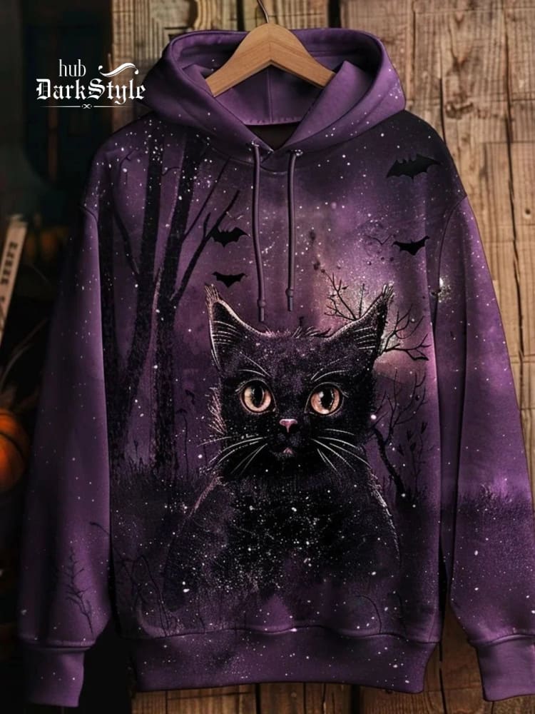 Sweat à capuche unisexe imprimé chat noir gothique Halloween 