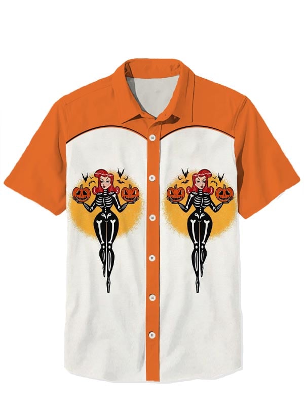 Men's Western Retro Halloween Pumpkin Beauty Short Sleeve Shirt