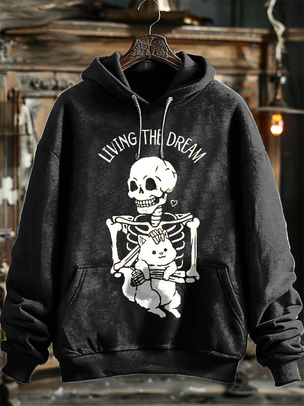 Neutral Fashion Retro Skull Cat Print Hooded Sweatshirt