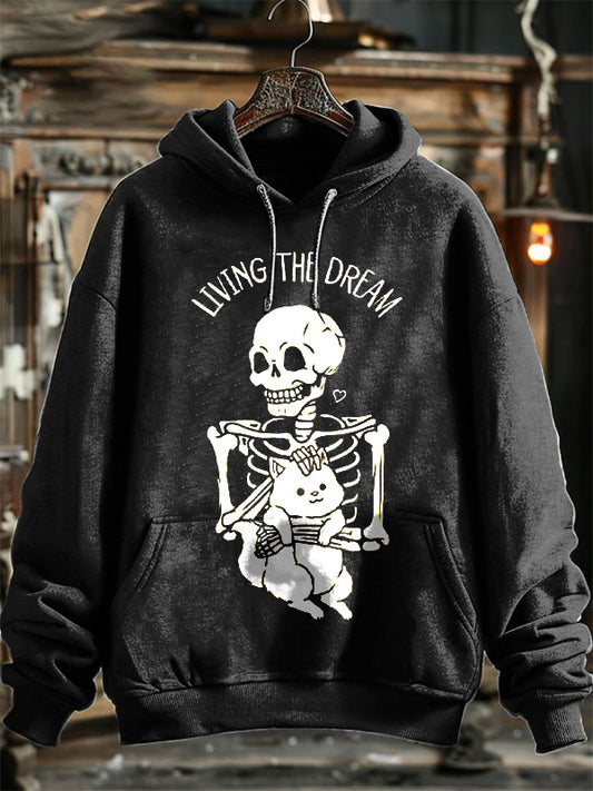 Neutrales modisches Kapuzen-Sweatshirt mit Retro-Totenkopf- und Katzen-Print 