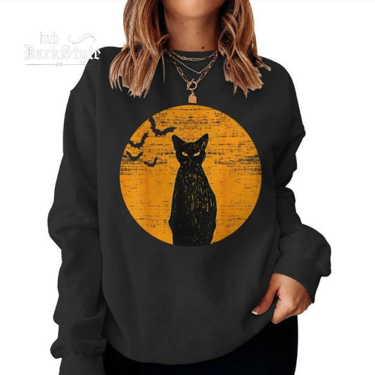 Sweat-shirt décontracté unisexe avec motif chat noir et citrouille effrayante pour Halloween 