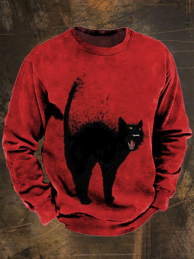 Unisex Vintage Rot Schwarz Katzen Print Lässiges Sweatshirt 