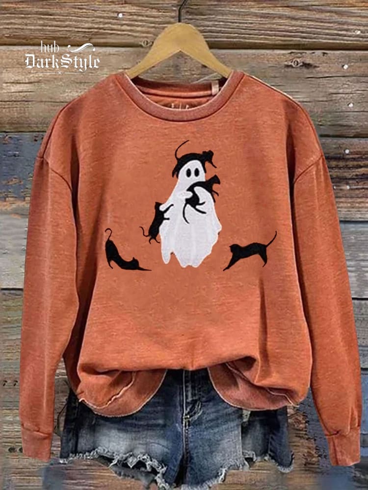 Lässiges Sweatshirt mit Geist, der mit einer Katze spielt, Halloween-Print 