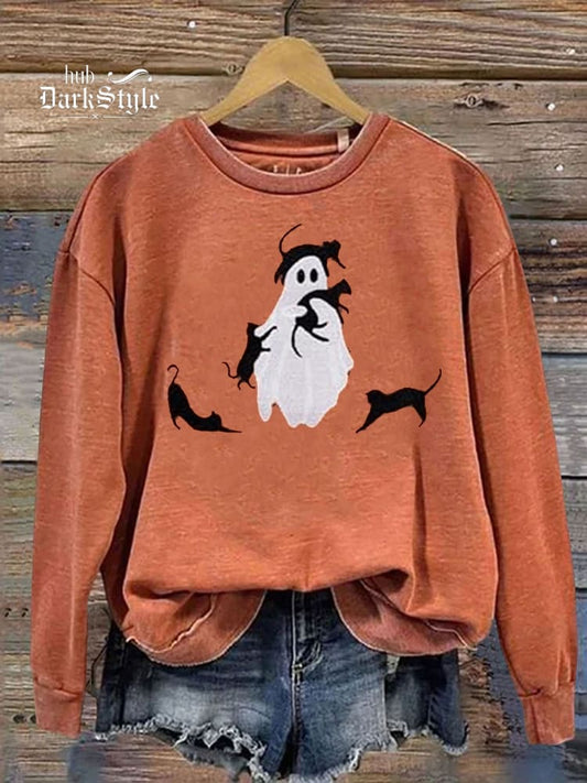 Sweat-shirt décontracté à imprimé fantôme jouant avec un chat pour Halloween 