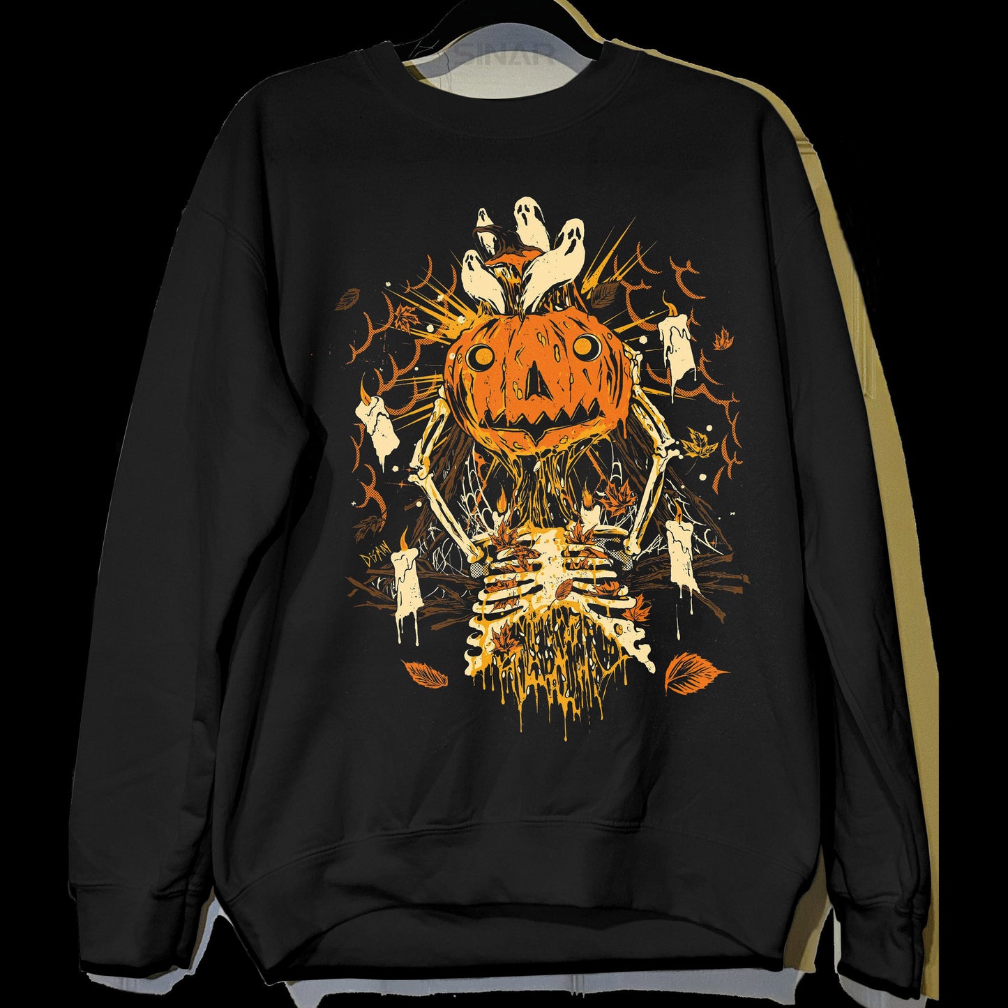 Sweat-shirt ras du cou unisexe à imprimé rétro citrouille Halloween 