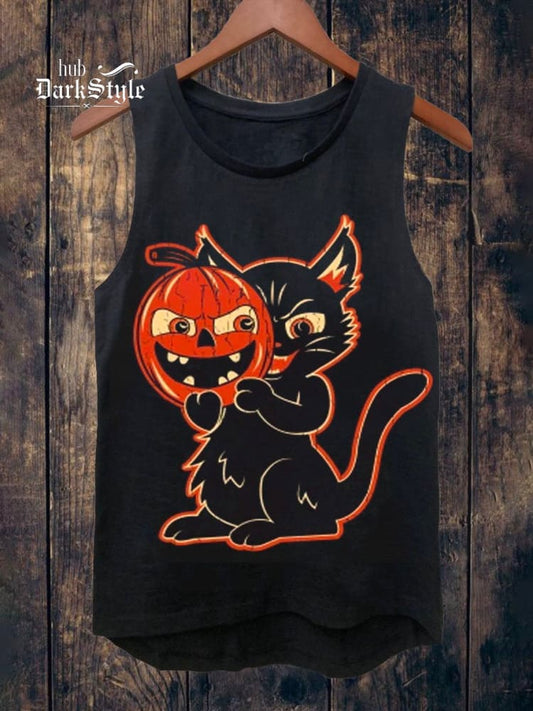 Vintage Halloween Black Cat With Pumpkin Mask Print Tank Top