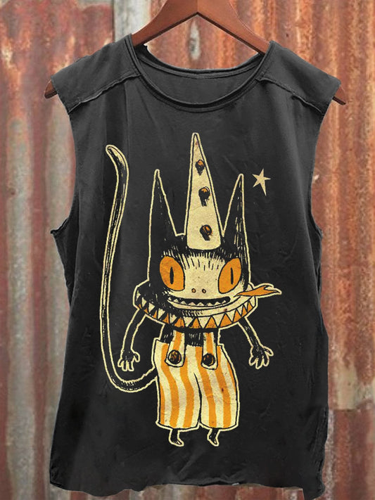 Überraschter Clown, schwarze Katze, Vintage-Druck, 100 % Baumwolle, lässiges Tanktop 