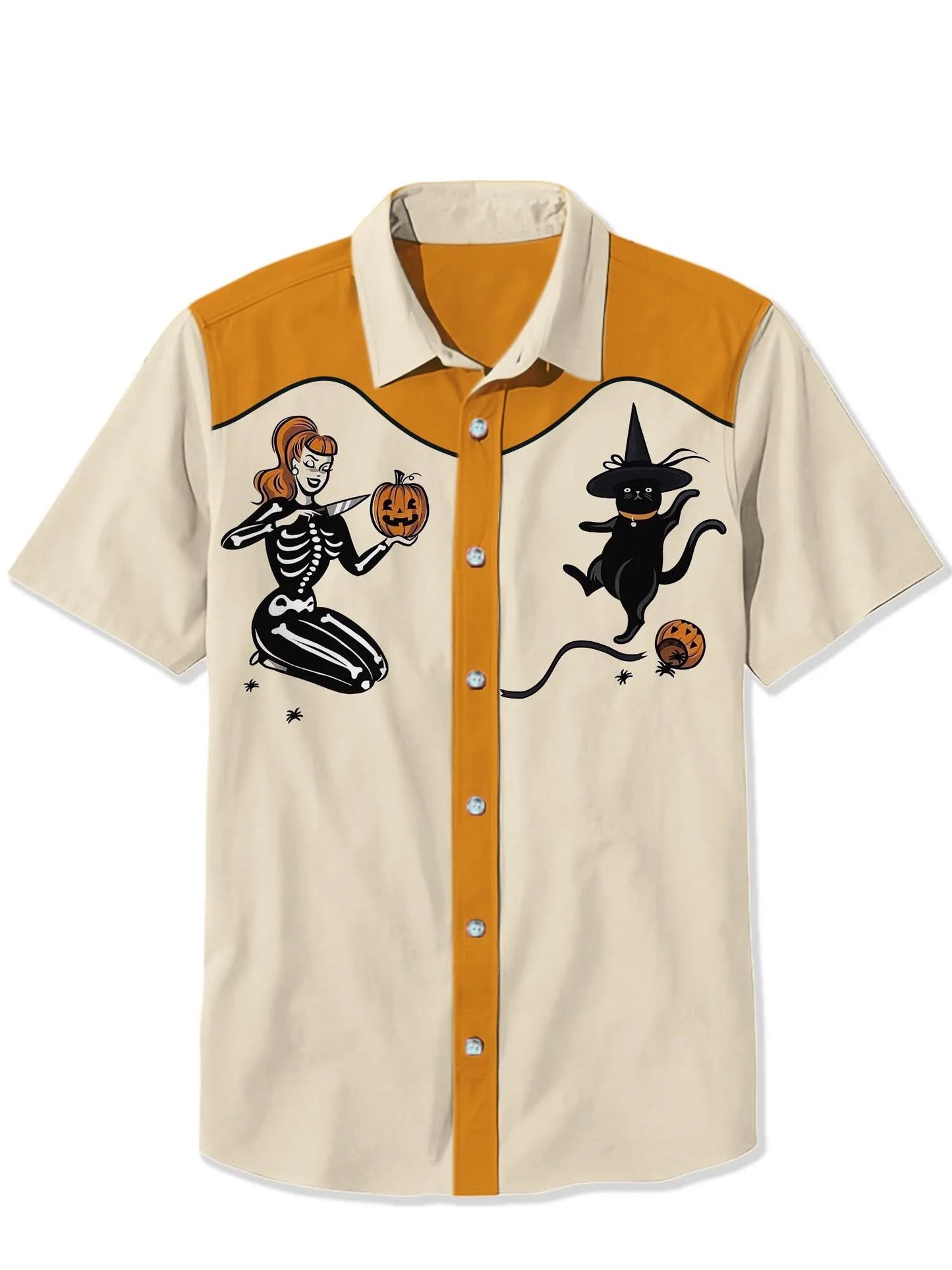 Western Halloween Cat Pumpkin Vintage Short Sleeve Shirt