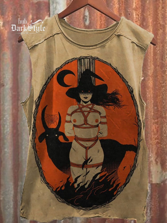 Retro Witch and Goat Print 100% Cotton Casual Tank Top