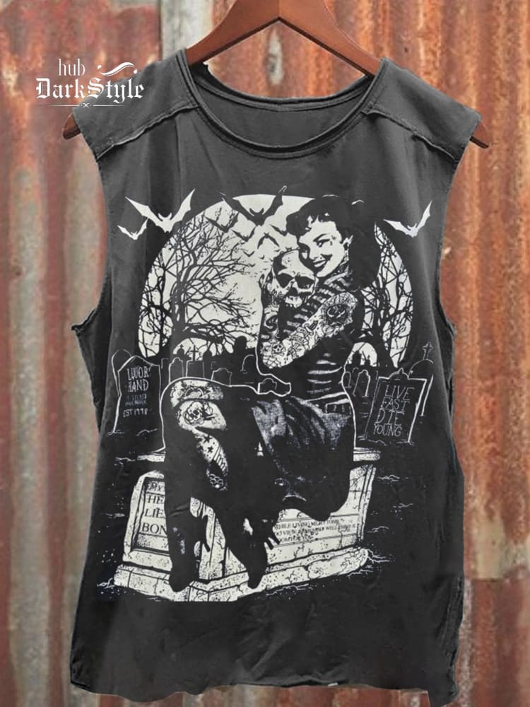 Unisex Retro Tattooed Girl Graveyard Skull Punk Print   cotton Casual Tank Top