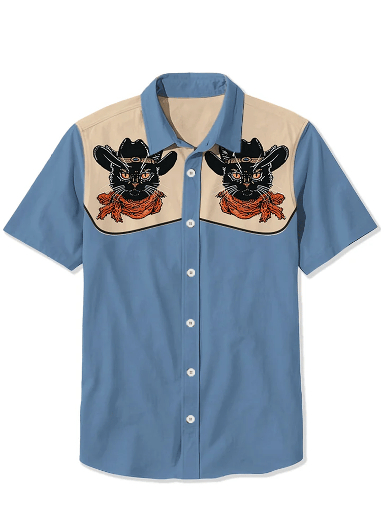 Men's Western Vintage Black Cat Short Sleeve Shirt