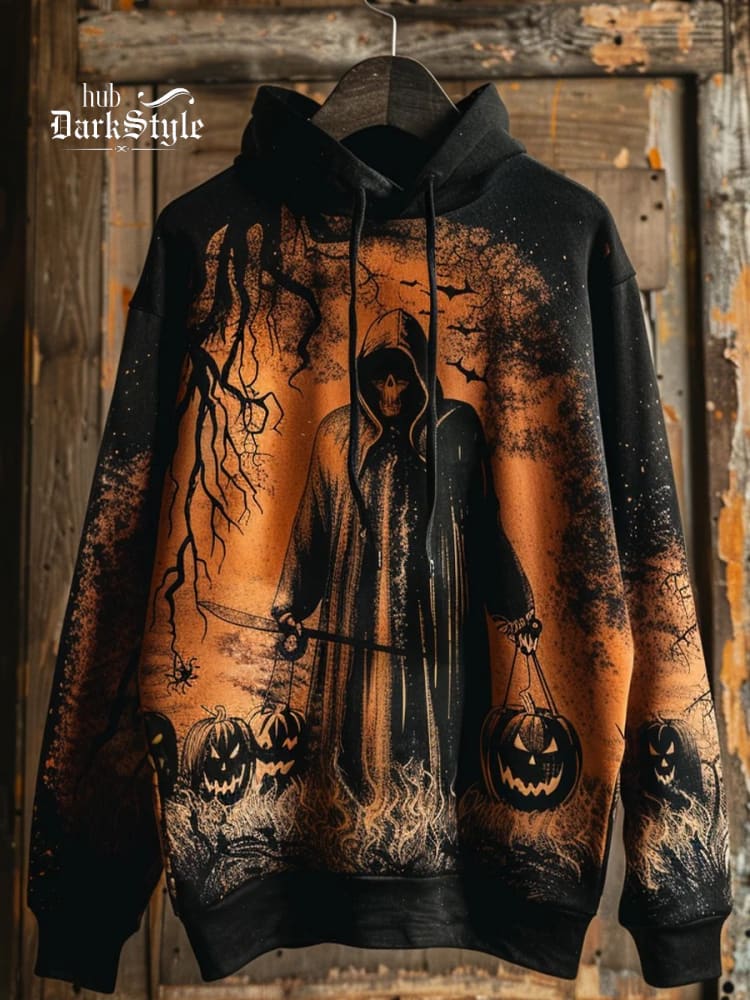 Sweat à capuche unisexe avec imprimé d'illustration artistique gothique de la Faucheuse d'Halloween 