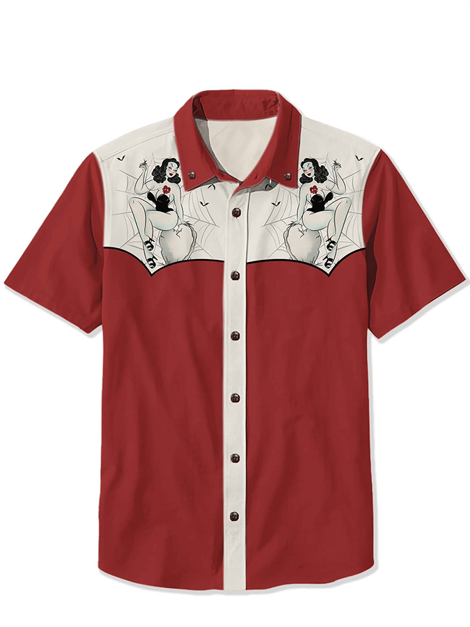 Men's Western Vintage Spider Pin Up Girl Lapel Casual Shirt