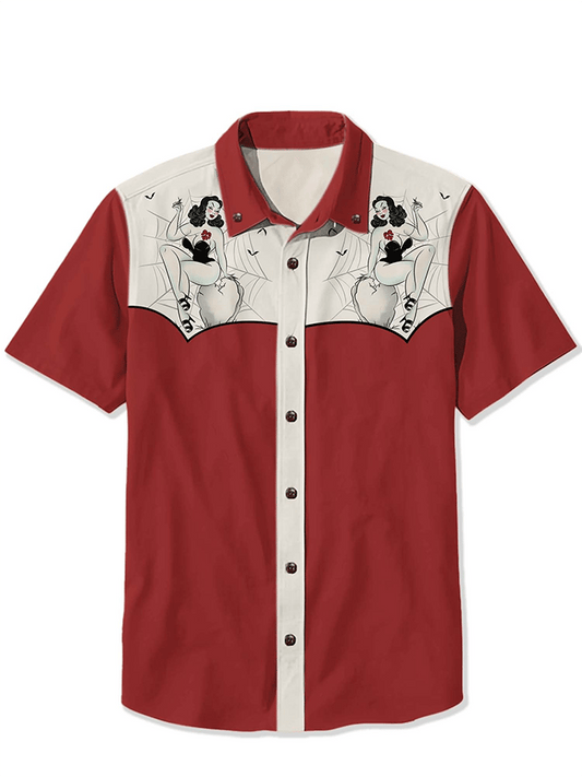 Men's Western Vintage Spider Pin Up Girl Lapel Casual Shirt