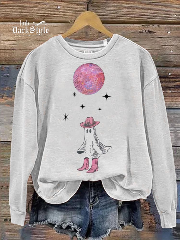 Halloween Ghost And Disco Ball Graphic Printed Casual Sweatshirt