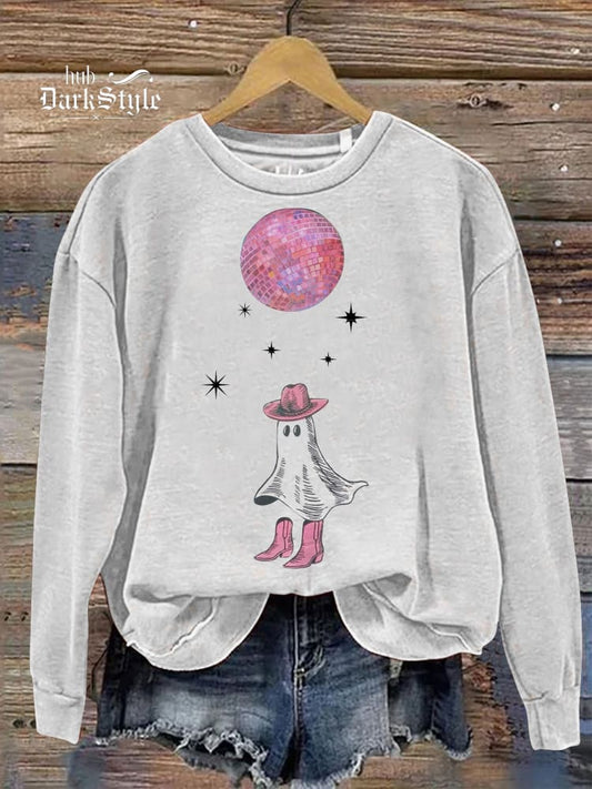 Halloween Ghost And Disco Ball Graphic Printed Casual Sweatshirt