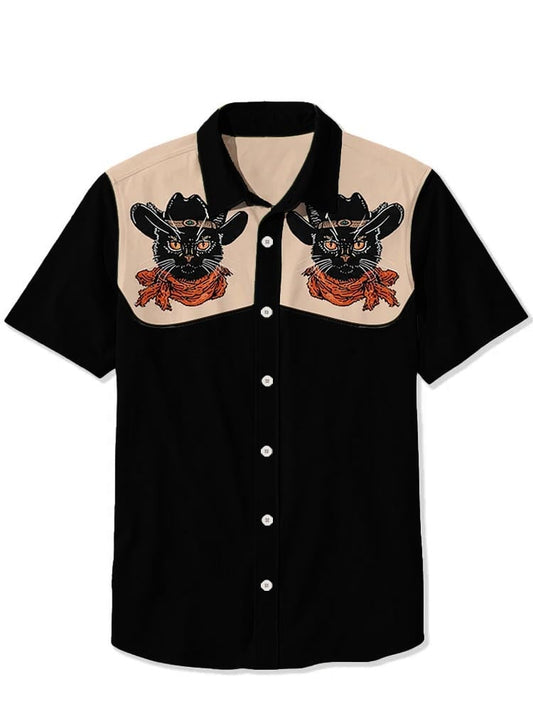 Men's Western Vintage Black Cat Short Sleeve Shirt