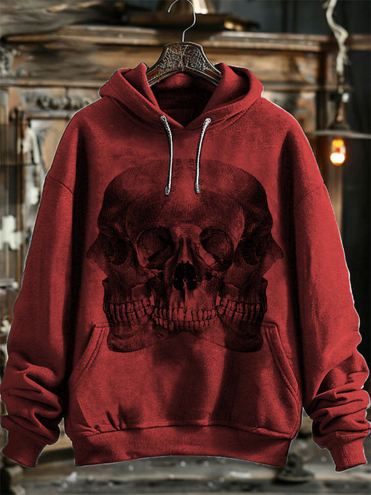 Neutral Fashion Retro Three View Skull Print Hooded Sweatshirt