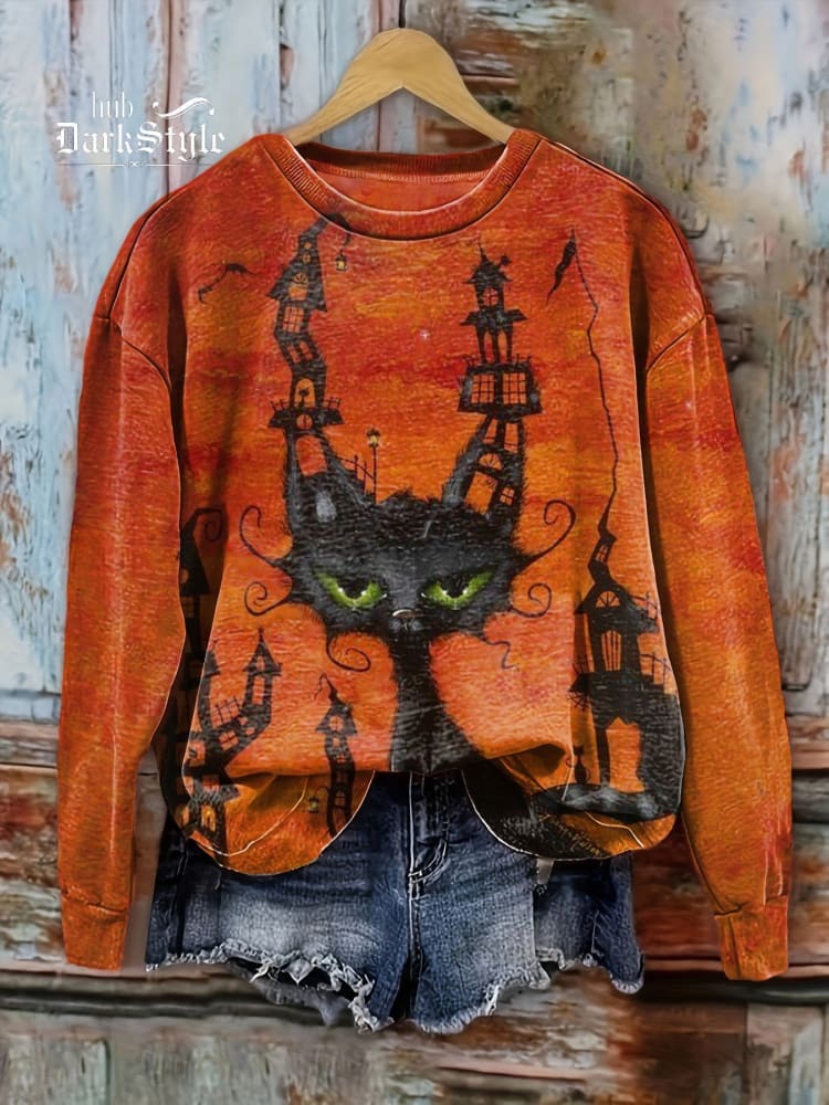 Lustiges Halloween-Sweatshirt mit schwarzer Katze, Unisex, lässig 